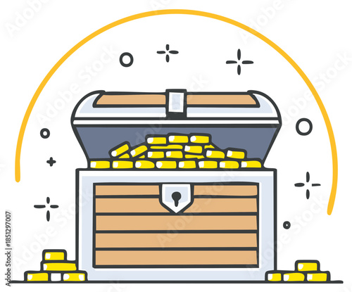 Open wooden treasure chest filled with sparkling gold coins. Hand drawn doodle style vector icon.