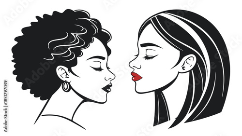 Two women facing each other with eyes closed Vector