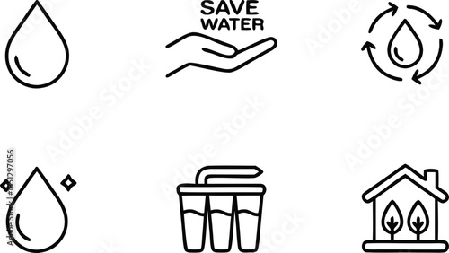 Save water vector collection: droplet, hand, and home icons in flat design on transparent background