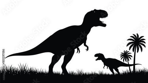 Silhouette of large dinosaur with smaller dinosaur and palm trees on grassy plain