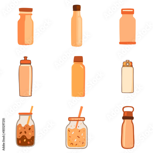 Assorted orange beverage bottles and jars in various shapes and sizes  