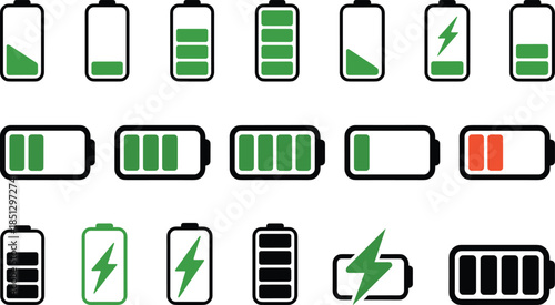Trendy vector icon set illustrating essential battery charge levels, from full power to critically low energy status, crucial for modern UI/UX design.