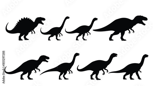Silhouettes of various dinosaurs in black on white background prehistoric