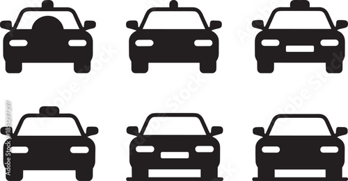 Trendy vector silhouette set featuring six distinct front views of taxi cabs, symbolizing fast and reliable urban public transportation service options.