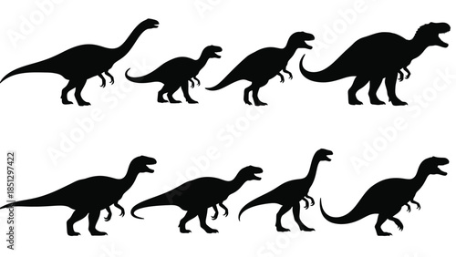 Silhouettes of various dinosaurs walking in two rows black white