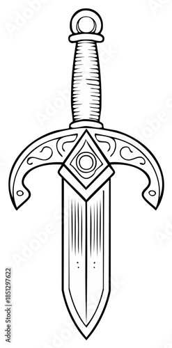 Classic medieval stylized sword line art illustration with decorative hilt and sharp blade