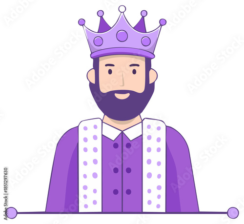 Flat design illustration of a majestic bearded king wearing a purple crown and regal robe