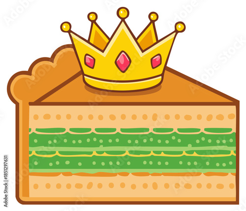 Cake Slice Topped with a Crown Illustration Cartoon Style Flat Design