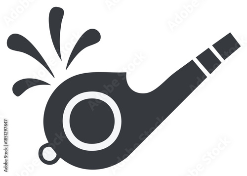 Stylized dark grey whistle with emanating sound waves in flat design style