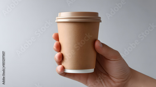 Holding a Cup of Coffee: A close-up shot of a hand delicately holding a takeaway coffee cup, the soft focus and warm tones convey a sense of comfort and a moment of pause.