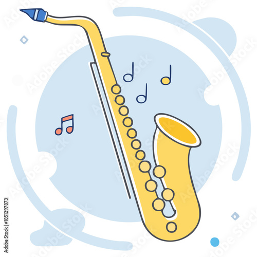 Vibrant Yellow Saxophone with Floating Musical Notes Illustration in Flat Design Style