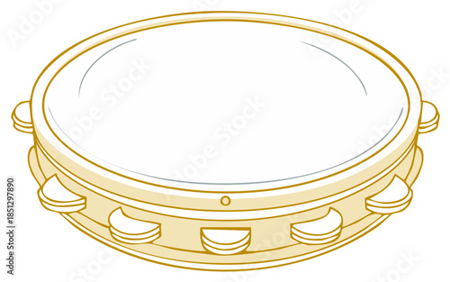 Illustration of a white tambourine with golden frame and silver rim for percussive music background