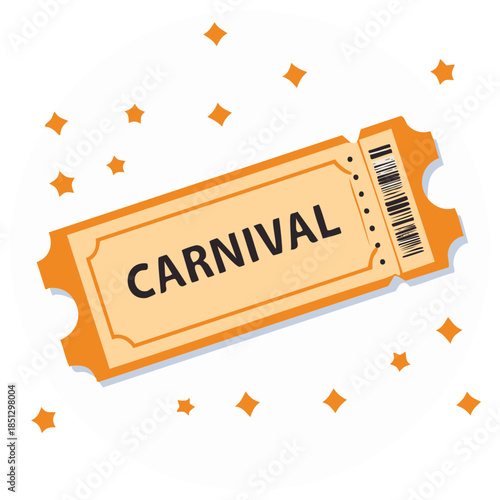 Bright Orange Carnival Admission Ticket Graphic Illustration with Barcode and Sparkles