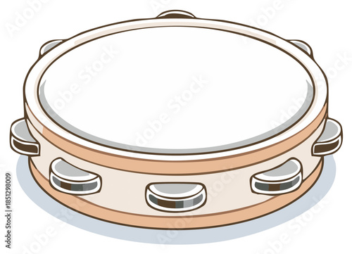 Handheld tambourine musical instrument with jingles and a white drumhead