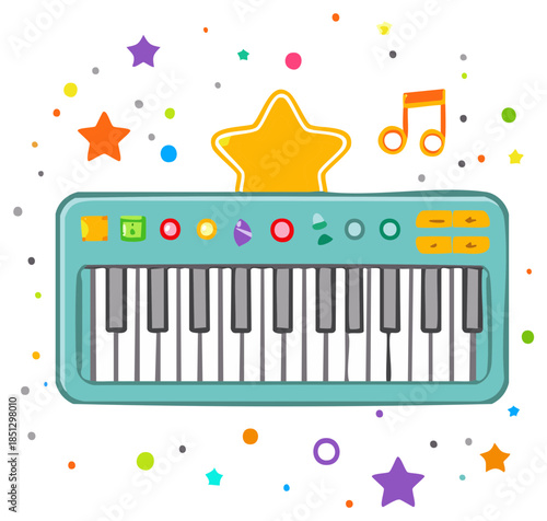 Cartoon synthesizer with colorful stars and circles elements in a vector illustration