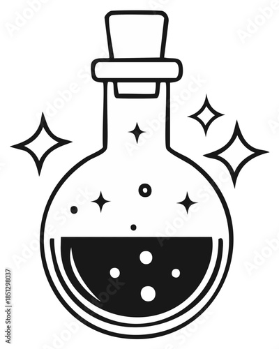 Black and White Potion Bottle with Bubbles and Sparkles Illustration