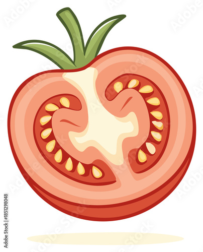 Fresh red tomato cut in half showing seeds and pulp vector illustration