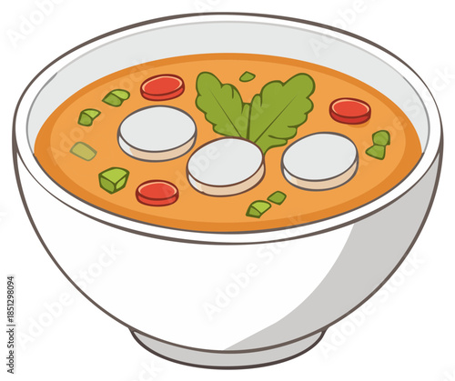 Cartoon illustration of a spicy hot and sour soup a traditional Asian dish with fresh vegetable garnish