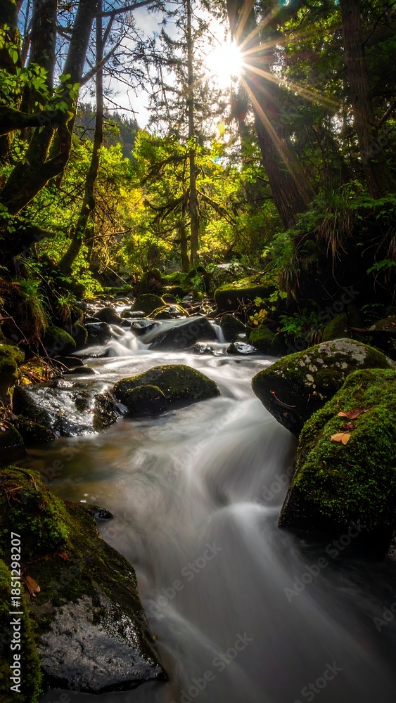 Obraz premium Sunlit stream flowing through a lush forest