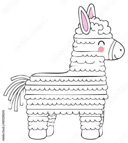 Cute cartoon donkey piñata outline illustration for children's birthday party celebrations and creative activities