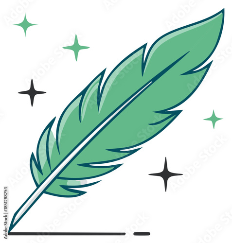 Stylized Green Feather Quill with Dark Ink Line and Sparkle Accents Illustration
