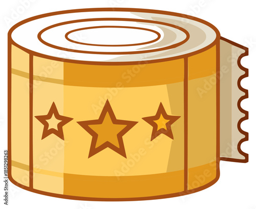 A golden roll of event tickets with stars for admission to a show or raffle