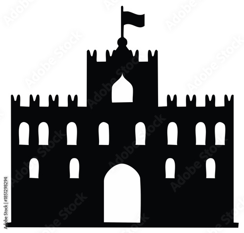 Medieval castle silhouette with arched entrance battlements and flag on a white background