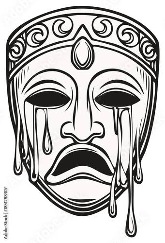 Ornamental face mask with tear streaks, expressing sadness or grief, featuring intricate swirl details and a stylized aesthetic appeal