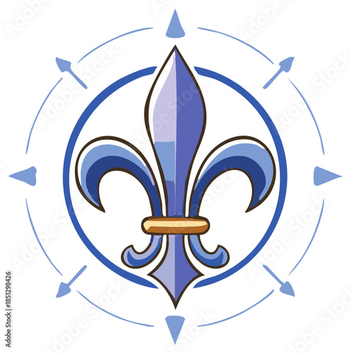 Ornamental Fleur-de-lis Emblem within Circle with Compass Points, Royal Lily Icon, Heraldic Symbol