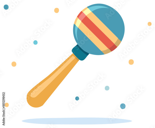 Colorful striped maraca musical instrument with wooden handle, an isolated festive rattle.