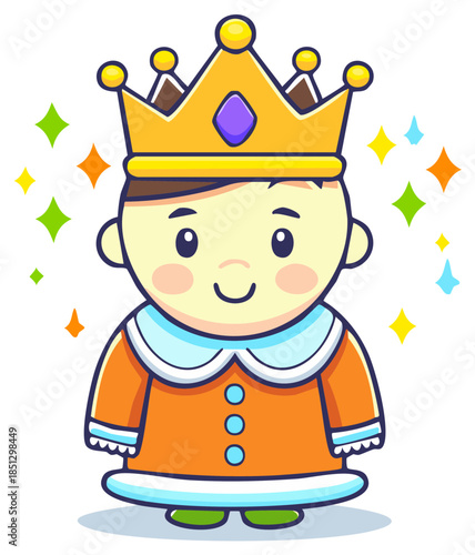 Cute cartoon boy wearing a royal crown and regal orange outfit surrounded by sparkles