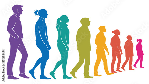 People walking in a line with different colors and sizes Vector