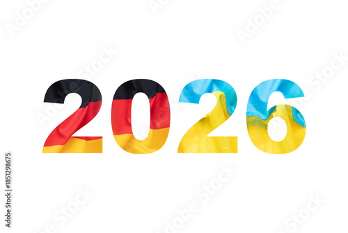 The year 2026 and the textures of the German and Ukrainian flags on a white background, a symbol of the new year, friendship, union and unity of countries, support, peace