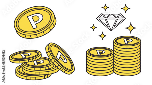 Stacks of gold coins with letter p and sparkling diamond Vector