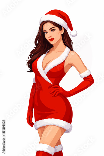 The image depicts a polished digital illustration of a woman wearing a classic Santa Claus–inspired outfit. She has long, flowing dark brown hair, well-defined facial features, and a confident, elegan