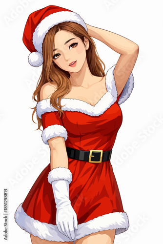 The image features a stylized anime illustration of a young woman wearing a festive Santa Claus outfit. She has long, softly wavy brown hair and warm brown eyes, with a gentle and cheerful facial expr