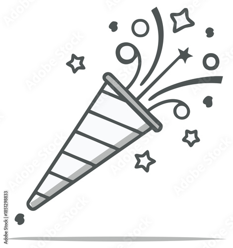 Grayscale vector icon of a party popper exploding with confetti and stars