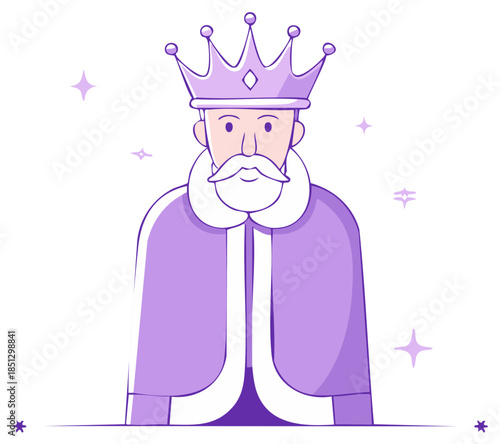 Cartoon King wearing a Crown and Robe with Stars floating around, isolated Illustration