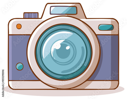 Vibrant cartoon digital camera illustration with big lens capturing photography moments