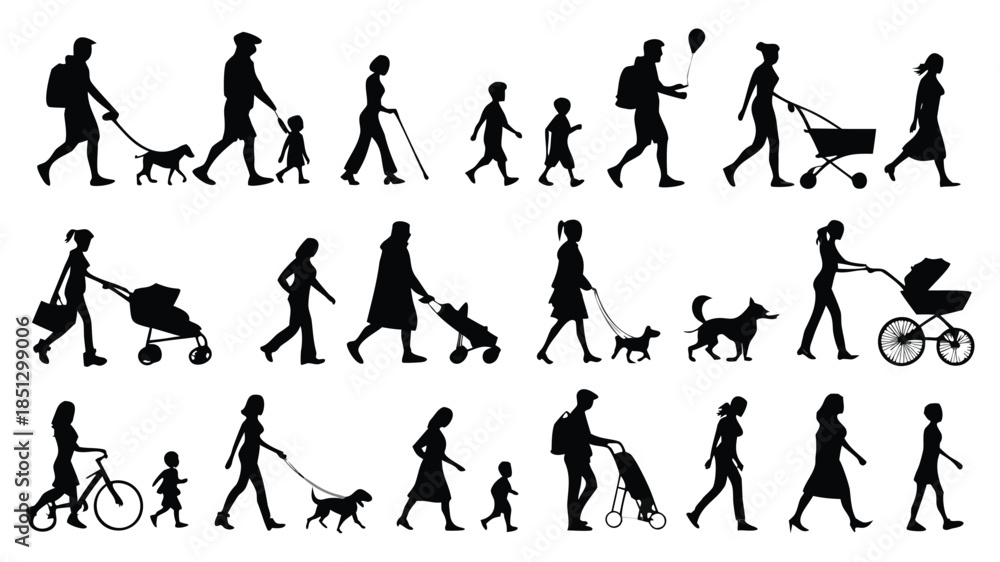 Naklejka premium People walking in different postures and with various objects Vector