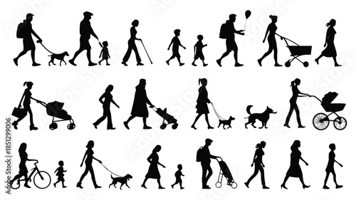 People walking in different postures and with various objects Vector