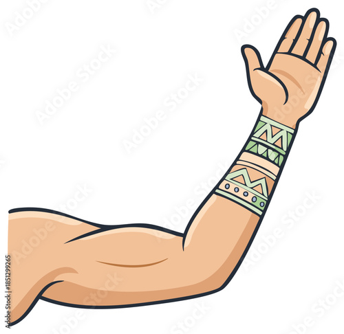 Cartoon arm with tribal pattern design on the forearm raised in gesture