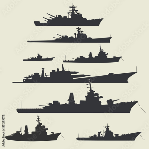 Collection of various naval warship silhouettes Vector