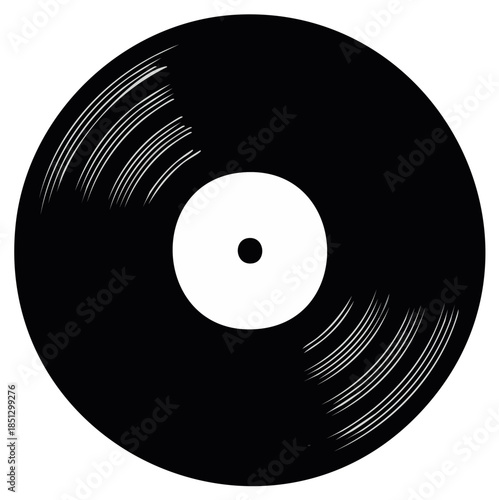 Classic black vinyl record with white label and grooves for playing music