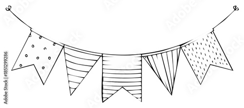 Hand drawn festive bunting banner with patterned flags. Doodle style party celebration garland sketch.