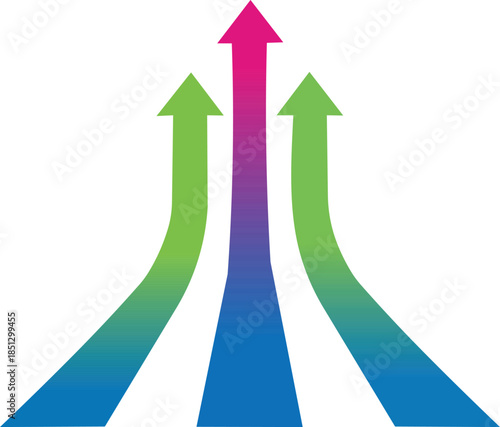 three upward curved arrows with gradient colors showing business growth progress and success direction concept illustration isolated background.