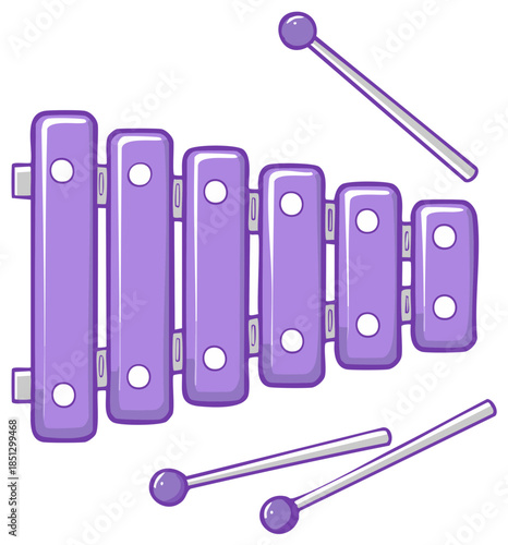 Cute purple toy xylophone musical instrument with mallets cartoon vector style illustration