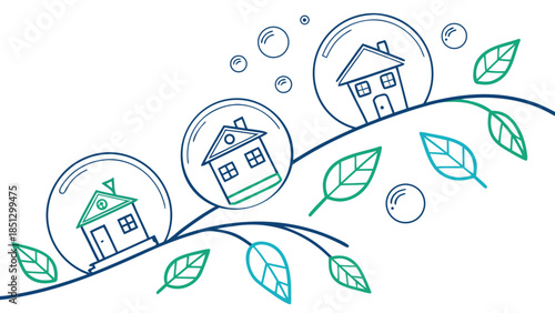 Houses in bubbles on a branch with leaves Vector