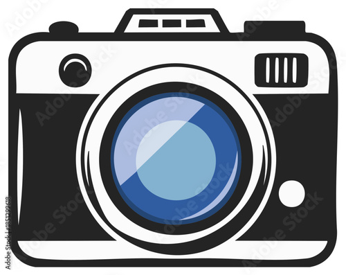 Stylized retro photo camera vector graphic with old fashioned design and reflective blue lens