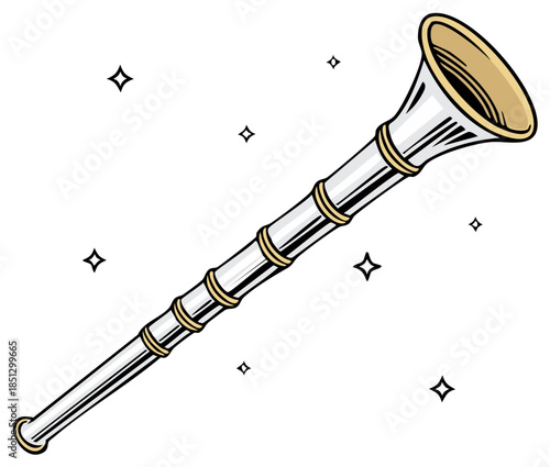 Shiny silver and gold herald trumpet horn illustration for celebration or a royal announcement